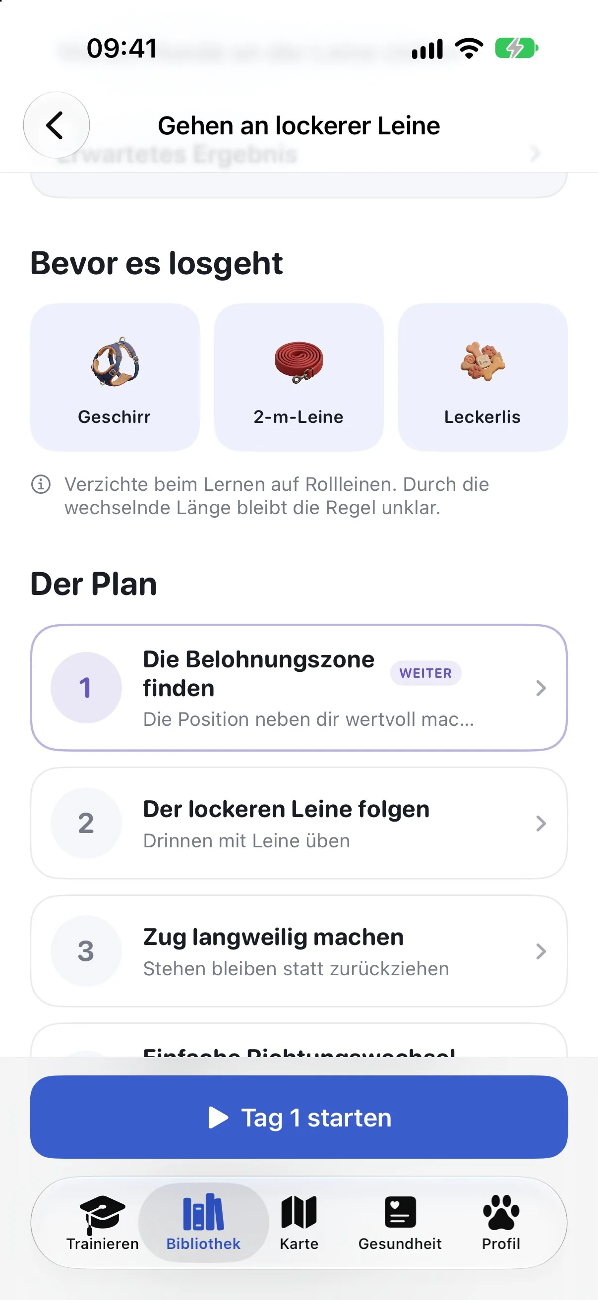 Der Ruffy-Plan „Gehen an lockerer Leine“ mit der nötigen Ausrüstung und den ersten Tagen