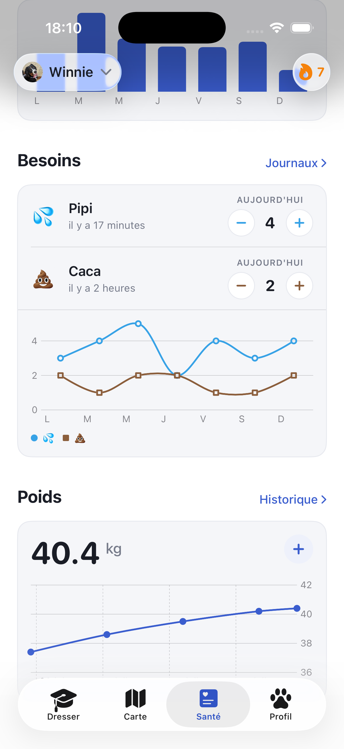 Écran santé de Ruffy avec le poids et les tendances d'activité