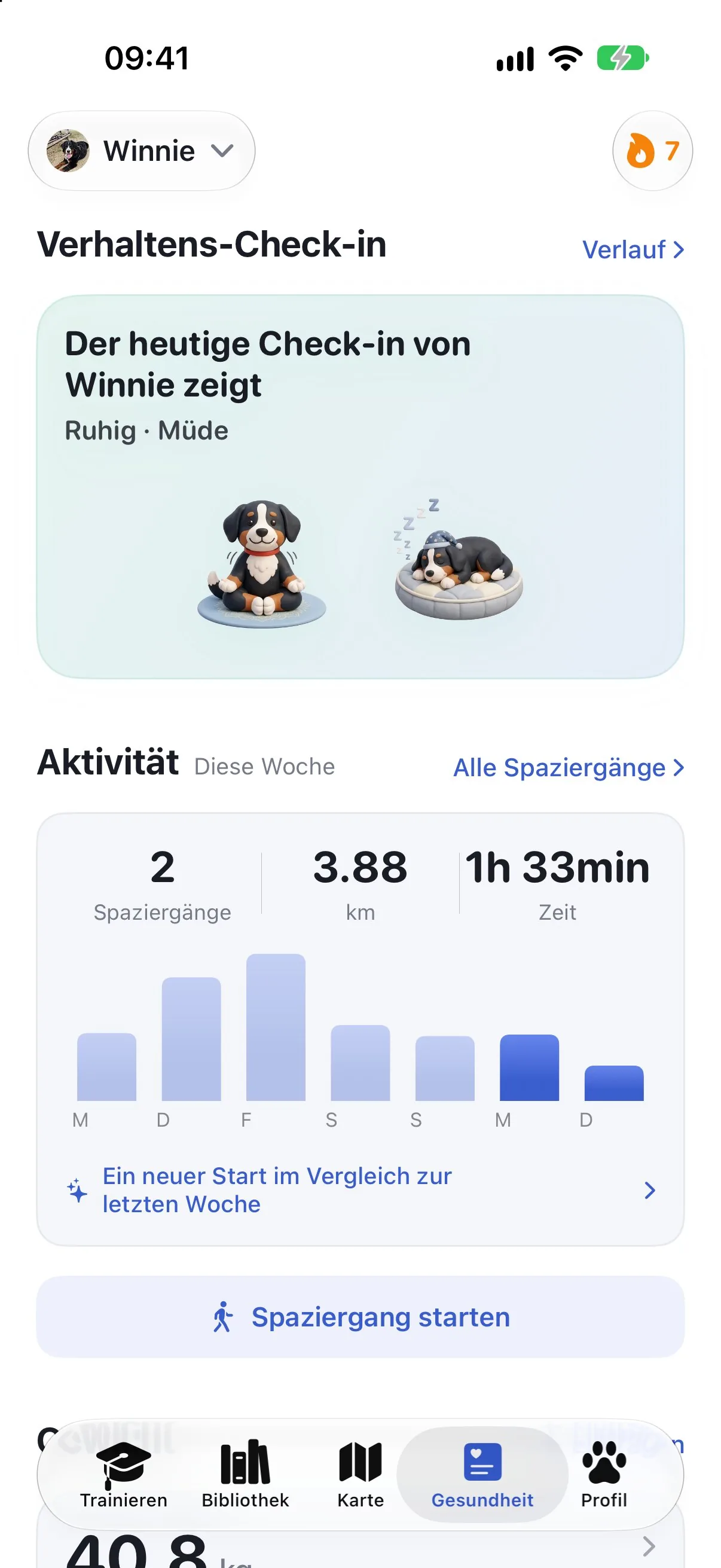 Der Ruffy-Gesundheitsbildschirm mit Verhaltens-Check-in und der Aktivität dieser Woche