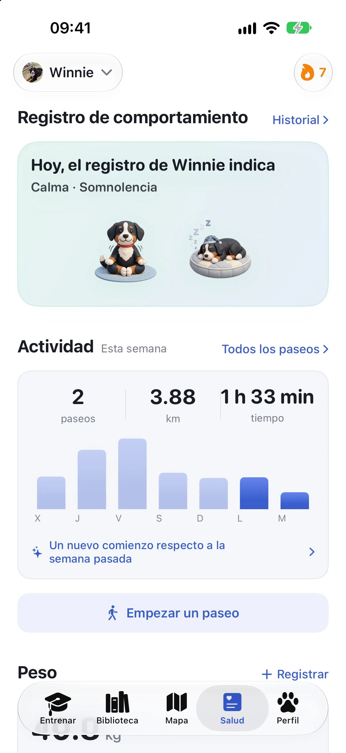 Pantalla de salud de Ruffy con el registro de comportamiento y la actividad de la semana