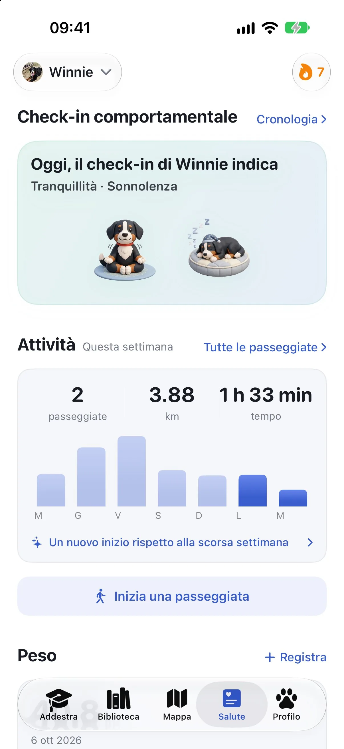 La schermata Salute di Ruffy con il check-in comportamentale e l'attività della settimana