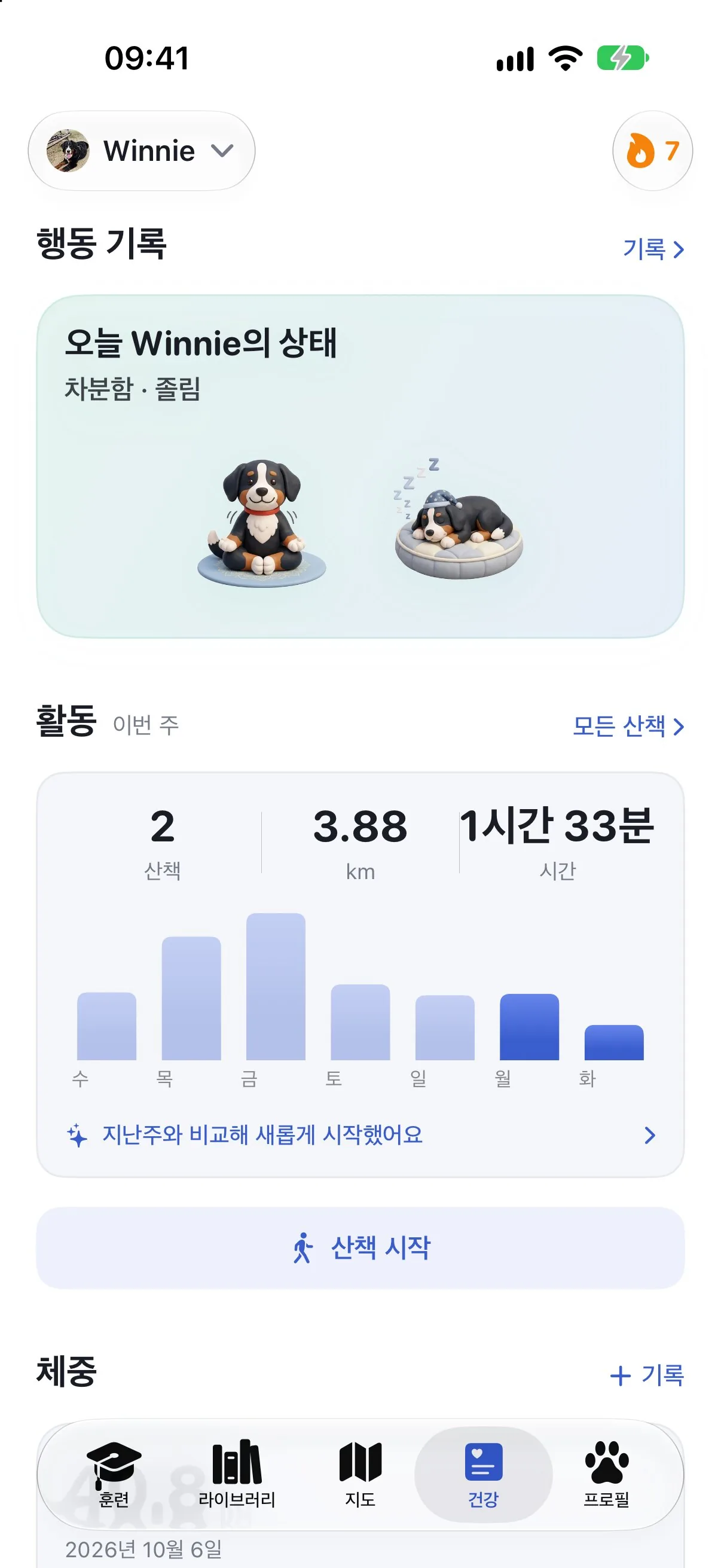행동 기록과 이번 주 활동량이 보이는 Ruffy 건강 화면