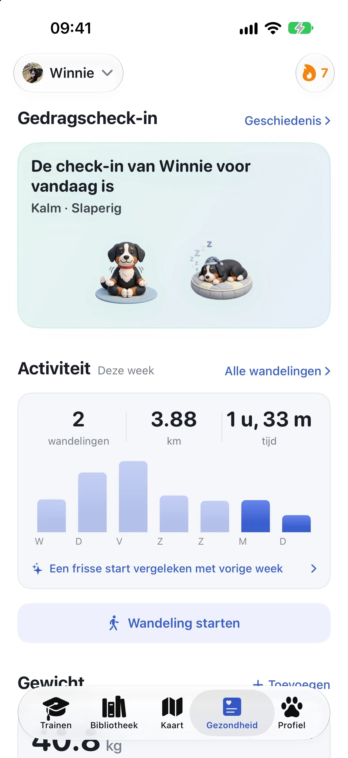 Het gezondheidsscherm van Ruffy met een gedragscheck-in en de activiteit van deze week