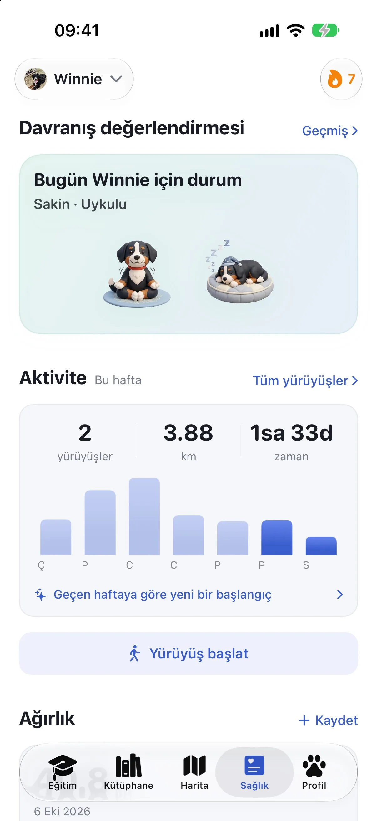 Ruffy'nin davranış değerlendirmesi ve bu haftanın aktivitesiyle sağlık ekranı