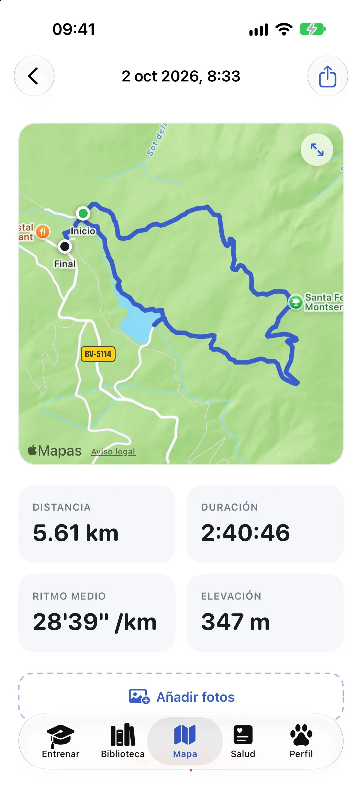 Resumen de un paseo en Ruffy con la ruta en el mapa, la distancia y el ritmo