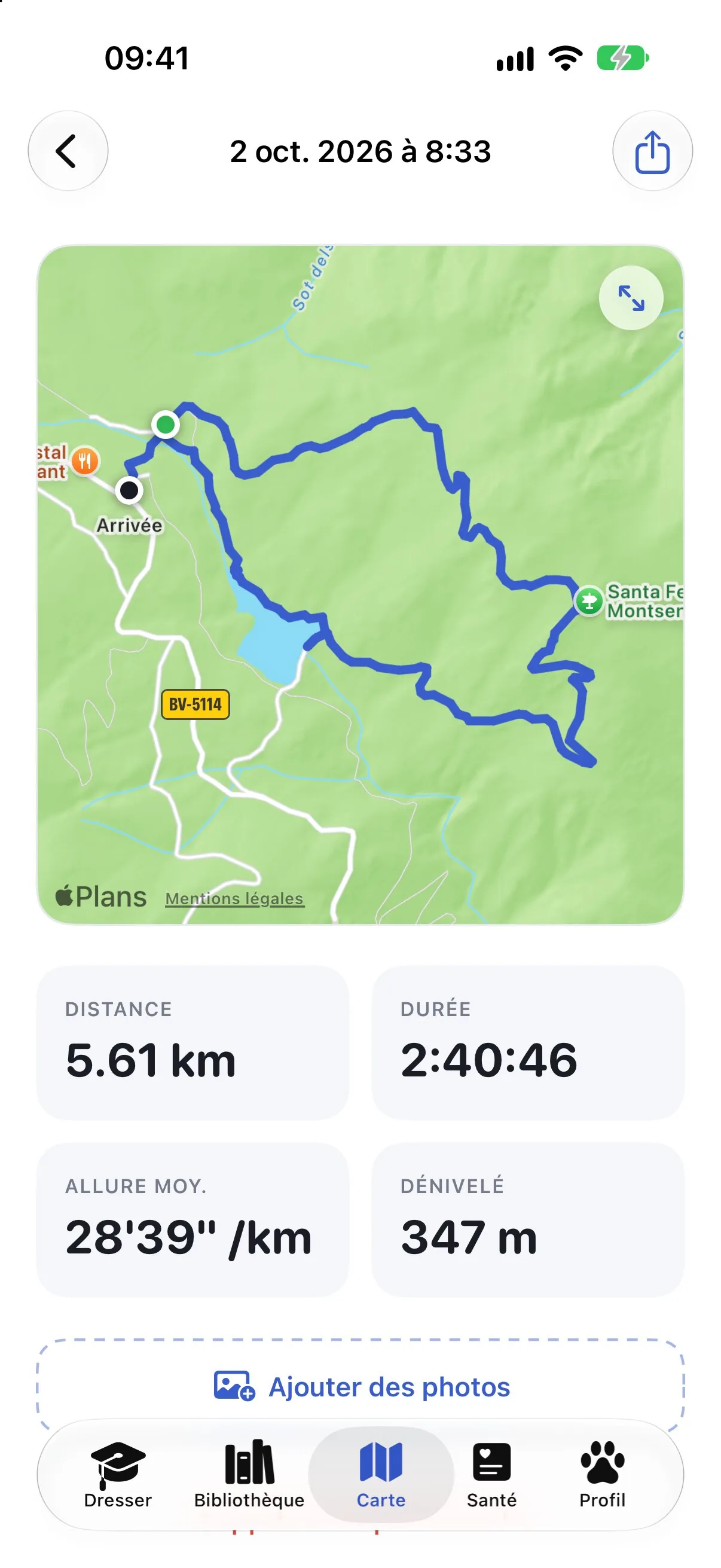 Le récap d'une promenade dans Ruffy avec le parcours sur la carte, la distance et l'allure