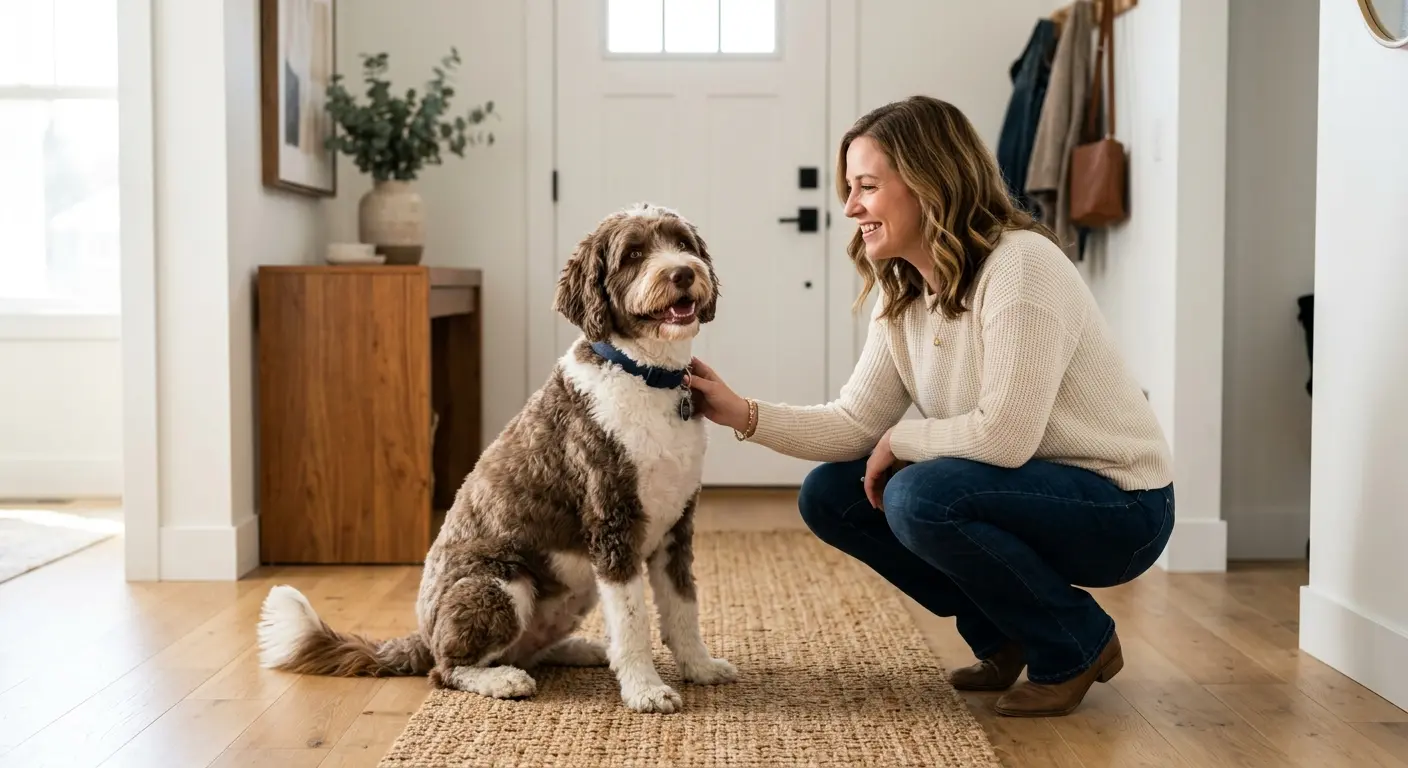 A person crouching to greet a happy dog whose front paws are calmly on the floor in a bright hallway